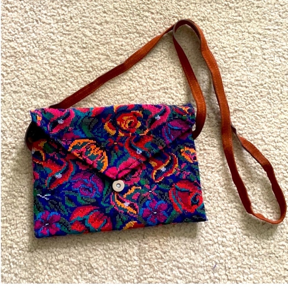 Blue and Red Crossbody Bag with Artisanal Design Huipil